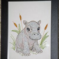 Load image into Gallery viewer, Baby Hippo Embroidery Design on White Denim